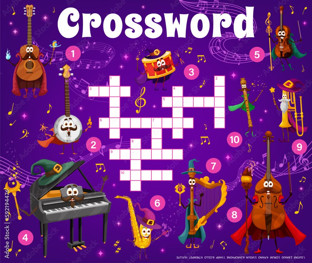 Crossword music quiz game grid wizard and fairy musical instrument characters. Find a word vector worksheet with cartoon guitar, banjo and piano. Violin, saxophone and harp, cello, trumpet or flute