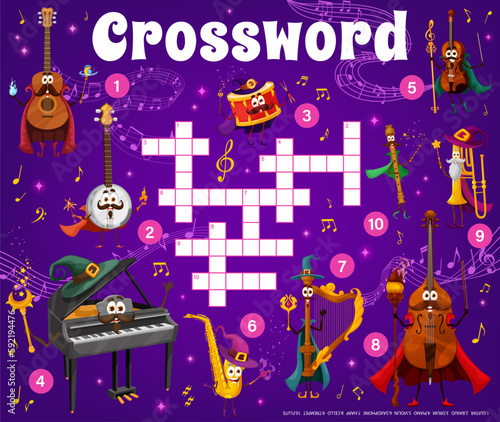 Crossword music quiz game grid wizard and fairy musical instrument characters. Find a word vector worksheet with cartoon guitar, banjo and piano. Violin, saxophone and harp, cello, trumpet or flute