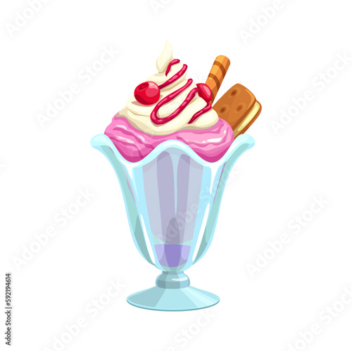 Cartoon ice cream in glass cup. Vector sundae dessert food of strawberry gelato with whipped cream, cherries and sweet fruit syrup toppings, chocolate waffle tube and chocolate cookie sandwich