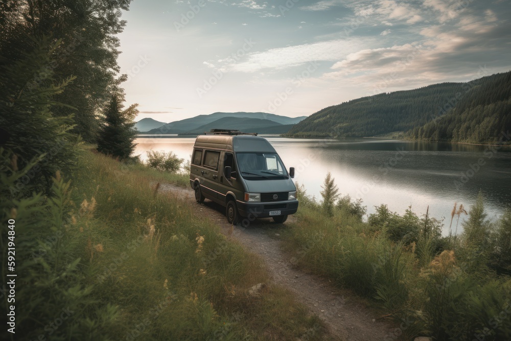 Camper van on the shore of a lake in the mountains. Generative AI