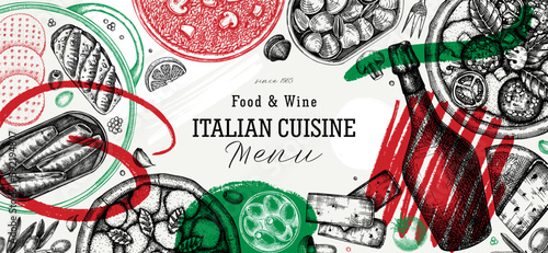 Italian food and drinks vector background. Hand drawn pizza, pasta, prosecco, risotto frame in collage style. Mediterranean cuisine ingredients illustrations. Modern restaurant menu design template.