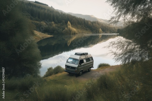 Camper van on the lake with mountains in the background. Travel by camper van. Generative AI © LAYHONG