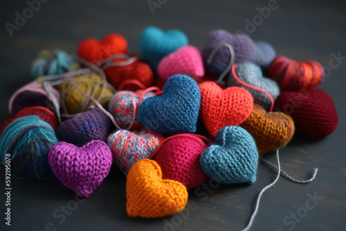 a bunch of knitted hearts in different colors of blue  red  orange  and pink  generative AI