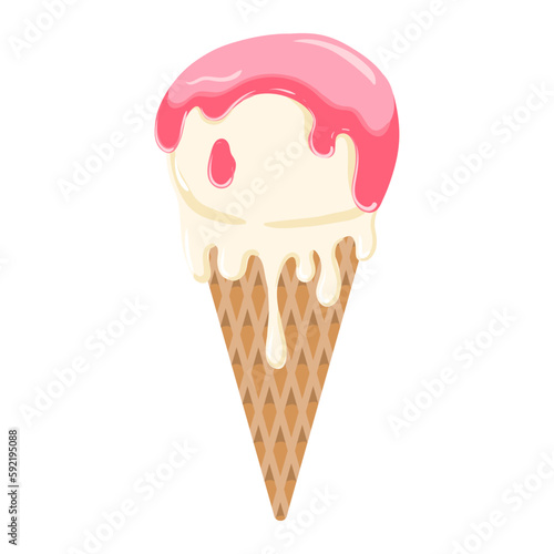Ice cream cone with a single scoop of ice cream covered in colorful candy sprinkles or chocolate syrup, in a waffle cone. Vector illustration