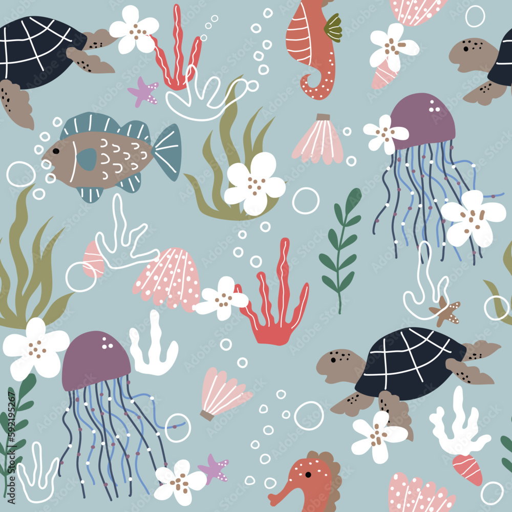 Naklejka premium Seamless vector pattern with turtles, jellyfish, fish, seahorses, shells, flowers, corals, bubbles, water plants and rocks on a pink background. used for textiles wallpaper and print