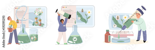 Natural herbal medication researches in laboratory. Traditional medicine concept. Scientist doctors characters make drugs of medical plants, herbal ingredients, extracts, preparing homeopathic recipes