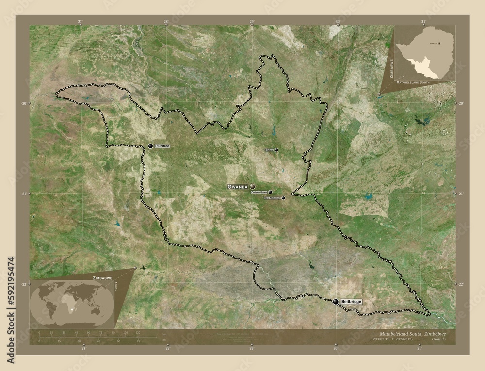 Fototapeta premium Matabeleland South, Zimbabwe. High-res satellite. Labelled points of cities