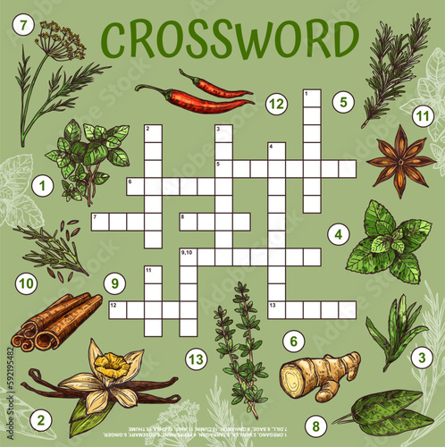 Herbs, spices and seasonings crossword grid worksheet. Find a word quiz, vector maze oregano, vanilla, tarragon, peppermint and rosemary. Ginger, dill, sage, cinnamon or anis, cumin and chili, thume