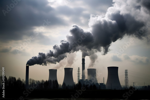 Factory chimneys expelling smoke. Concept of pollution and climate change. Generate by ai