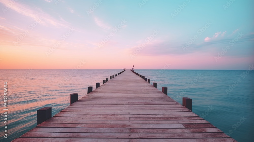 wooden pier with a pink sky at sunset, summer banner, generative ai