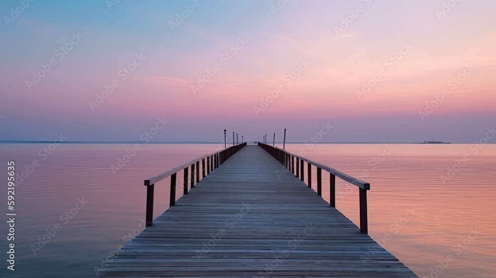 Fototapeta premium wooden pier with a pink sky at sunset, summer banner, generative ai