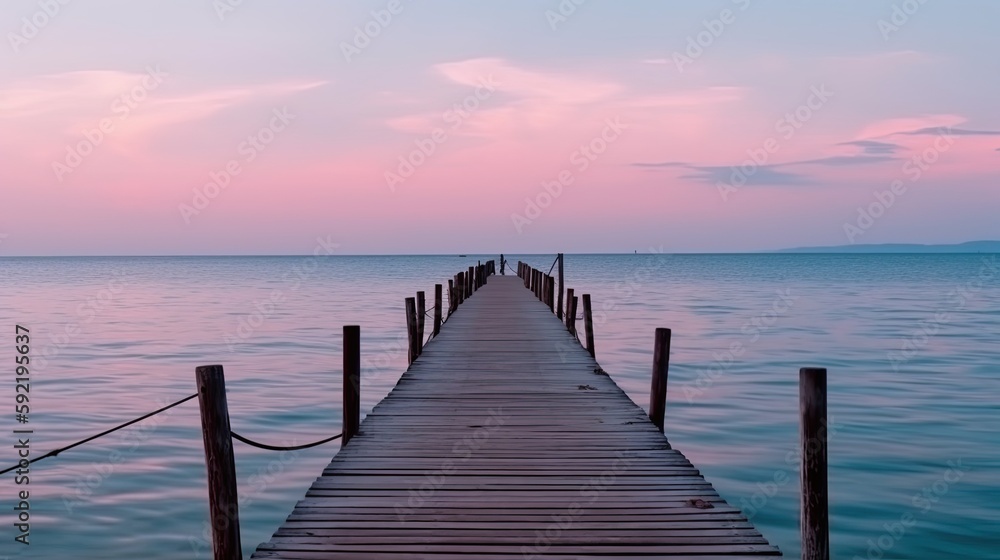 Fototapeta premium wooden pier with a pink sky at sunset, summer banner, generative ai