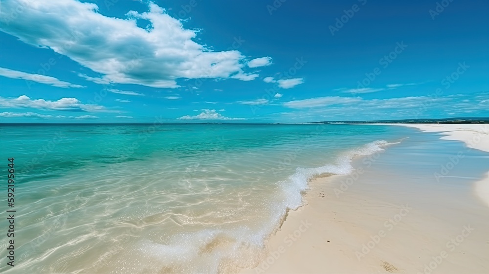 A beach with a blue ocean and white sand, blue sky, vacation, generative ai