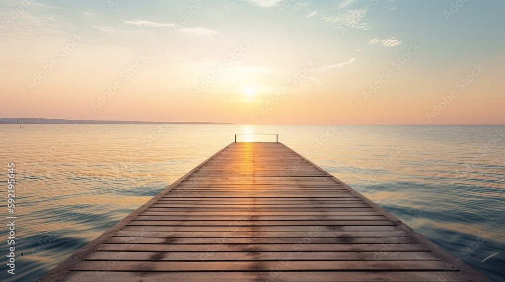 wooden pier at sunset, summer banner, generative ai