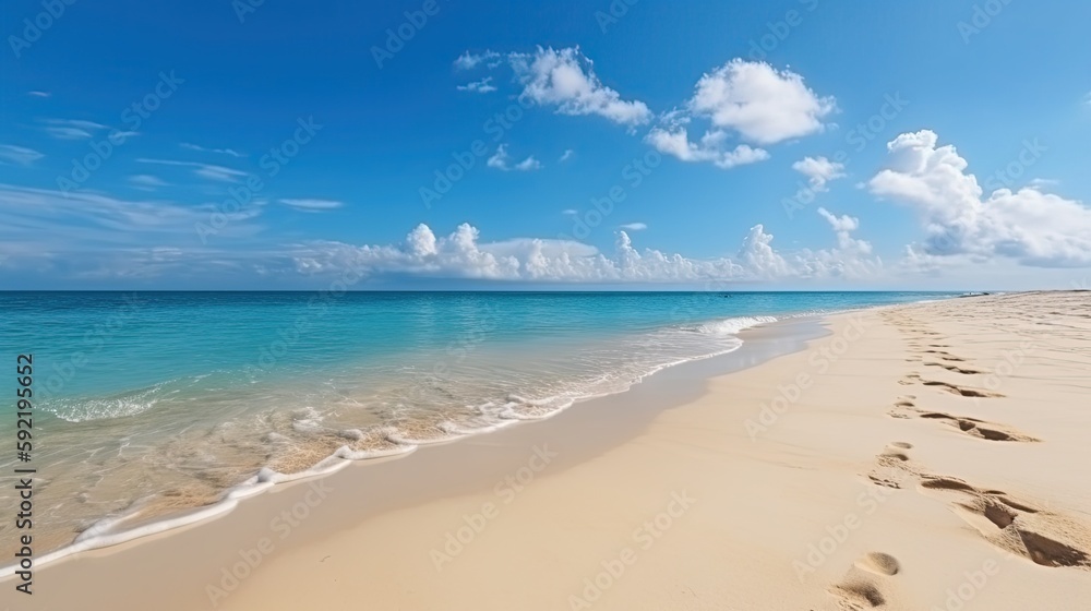 A beach with a blue ocean and white sand, blue sky, vacation, generative ai