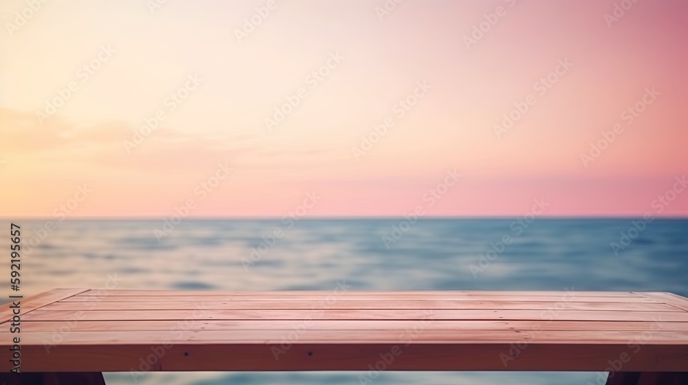 A wooden table with a pink sunset over the ocean, summer banner, generative ai A wooden table with a pink sunset over the ocean, summer banner, generative ai