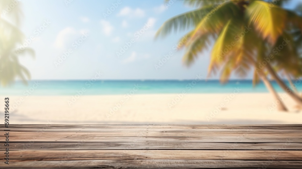 Empty wooden table on a beach with a palm tree in the background, summer banner, generative ai