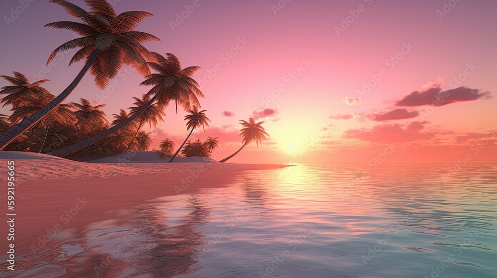 A beach with palm trees and a pink sky sunset