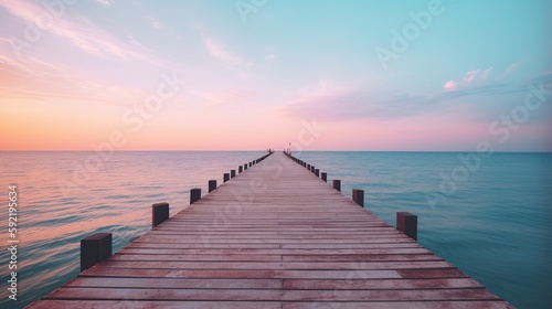 wooden pier with a pink sky at sunset, summer banner, generative ai photo