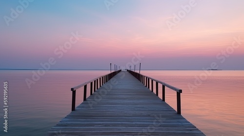 wooden pier with a pink sky at sunset  summer banner  generative ai