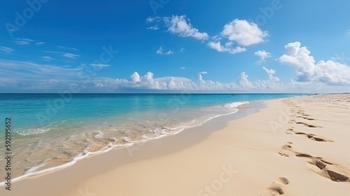 A beach with a blue ocean and white sand  blue sky  vacation  generative ai