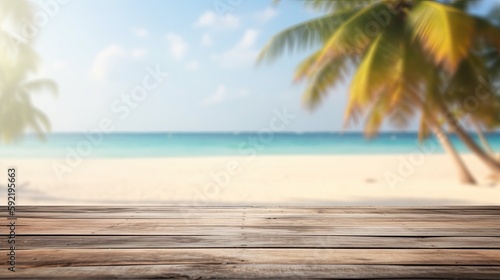 Empty wooden table on a beach with a palm tree in the background, summer banner, generative ai