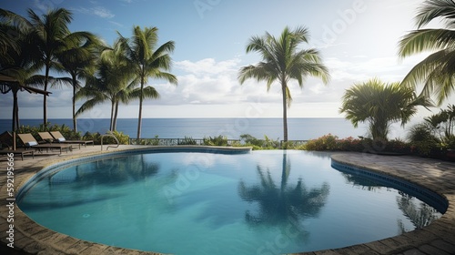 swimming pool with palm trees and a view of the ocean, summer vacation, generative ai © Anastasia Shkut