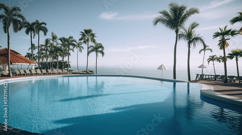 swimming pool with palm trees and a view of the ocean  summer vacation  generative ai