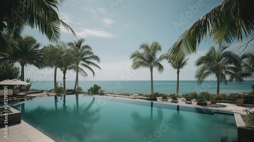 swimming pool with palm trees and a view of the ocean  summer vacation  generative ai