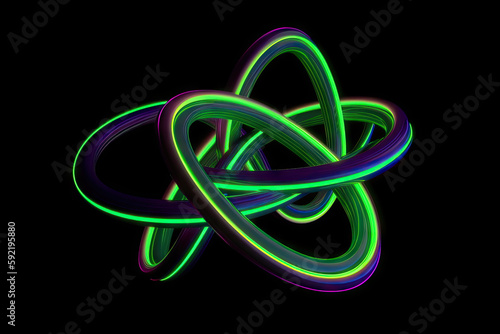 3d render green yellow and violet neon tangled geometric shape