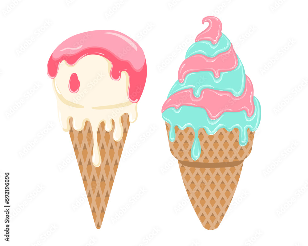 A vector image of two ice cream cones with colorful chocolate glaze. Vector illustration A vector image of two ice cream cones with colorful chocolate glaze. Vector illustration