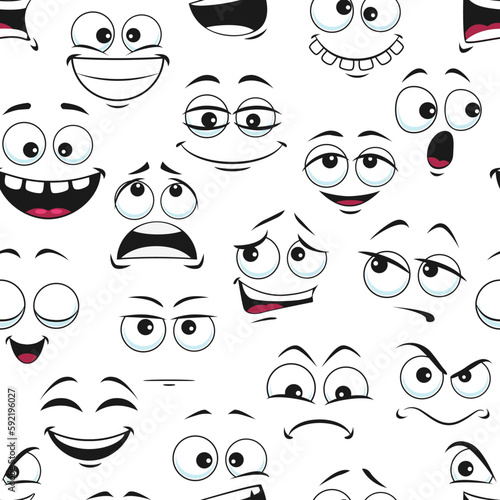 Fototapeta Naklejka Na Ścianę i Meble -  Funny cartoon faces seamless pattern background, vector emoticons or funny happy cute smiles. Cartoon emoji face pattern with comic fun expressions, eye and mouth emoticon characters in doodle pattern