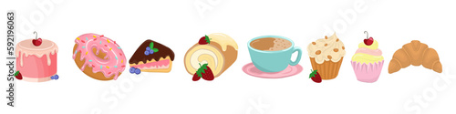 A vector set of icons featuring various sweet treats such as cakes, cupcakes, and sweet rolls perfect for food-related designs and projects. Vector illustration