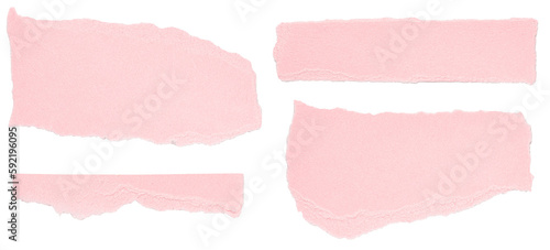 Set of isolated pink torn blank note paper strips, top view from above on white or transparent background