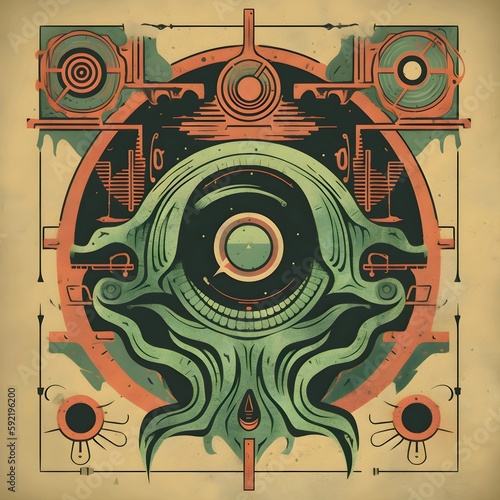 Necronomicon, Lovecraft, afterlife, Halloween, retro card, ornament. Generative AI