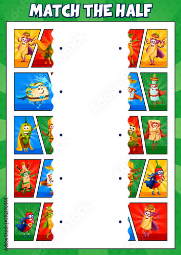 Match the half of superhero cartoon mexican tex mex food characters. Vector game worksheet with burrito, avocado, tequila and taco with jalapeno pepper, churros and enchilada superhero personages