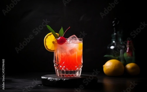 Red cocktail with lime and ice. Generative AI technology.