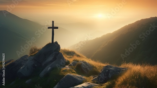 Photographie crucifix on grassland hill at twilight sunset time, Generative Ai