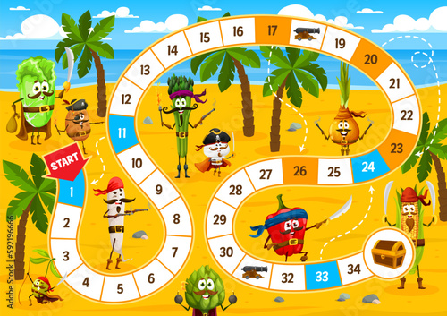 Board step game, cartoon vegetable pirates and corsairs characters on island, vector puzzle. Dice race step game or start finish quiz with artichoke pirate, olive corsair and Caribbean captain onion