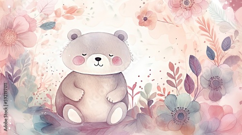 watercolor style illustration of happy baby bear in flower blossom garden, idea for home wall decor, kid room, Generative Ai