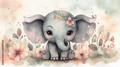 Fototapeta samoprzylepna w stylu akwareli przedstawiająca szczęśliwe słoniątko w ogrodzie kwiatowym, pomysł na pokój dziecięcy, wygenerowane przez sztuczną inteligencję