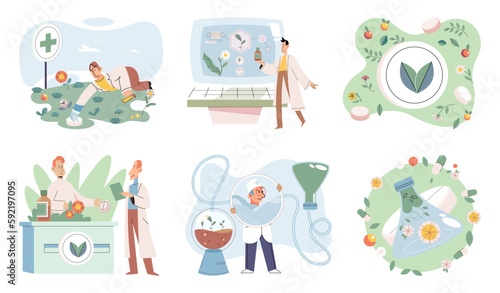 Herbal oils natural medicines. Scientist or doctor making alternative medicine herb, mortar, laboratory glassware plant in tube, flower. Doctor checking medicinal herbs. Herbal medicine. Drug research