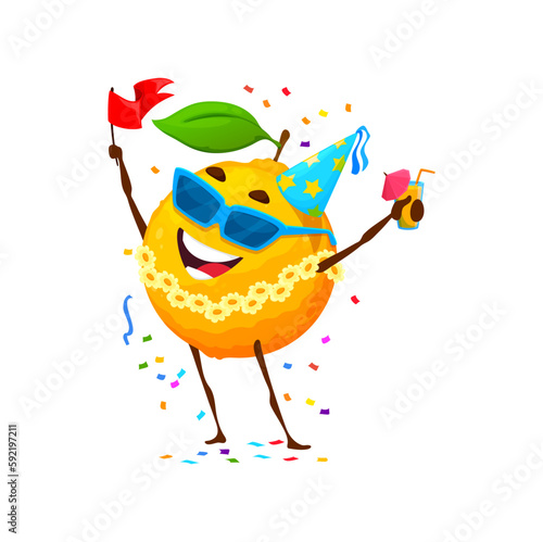 Cartoon cheerful orange or yuzu fruit character on birthday party, anniversary holiday celebration. Birthday celebration, holiday event or anniversary party cute fruit vector personage in sunglasses