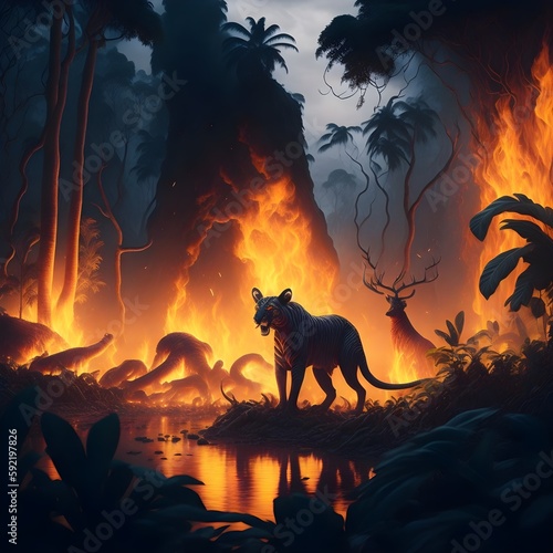 Burning jungle with fleeing wild animals