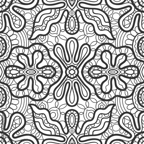 Black and white doodle seamless pattern. Hand drawn line mandala background. Art sketch drawing. Fashion lace texture for textile fabric  paper print. Ethnic ornamental decor for shawl  scarf  hijab