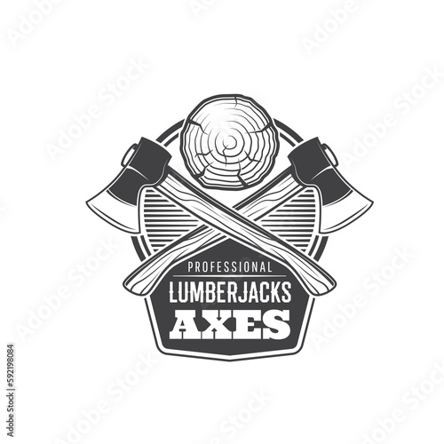 Crossed lumberjack axes icon. Forestry, logging and woodworking industry monochrome emblem, carpenter, lumberman or professional lumberjack tools shop vector symbol with crossed axes and wooden log
