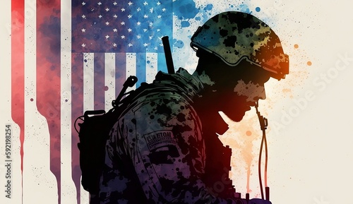 American soldier on the background of the US flag, watercolor style painting