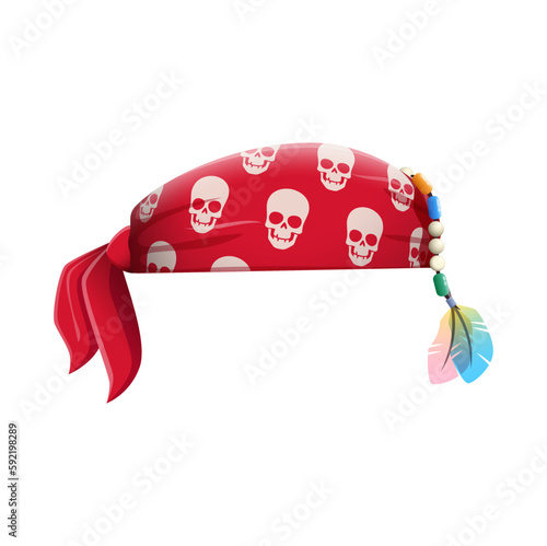 Cartoon pirate bandana. Pirate sailor headgear, privateer costume element or filibuster headgear. Caribbean buccaneer clothing, isolated vector bandana with human skulls, parrot feather necklace