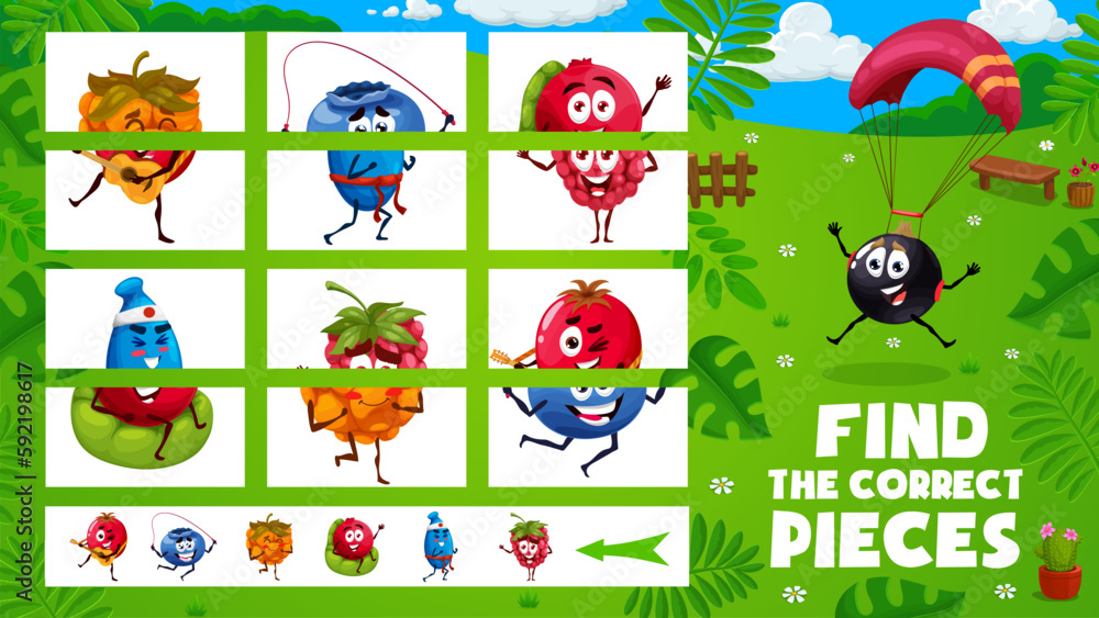 Fototapeta premium Find the correct pieces game. Cartoon berry characters on summer party. Connect piece riddle vector worksheet or part search kids game with raspberry, honeysuckle and blueberry, dogwood, cowberry