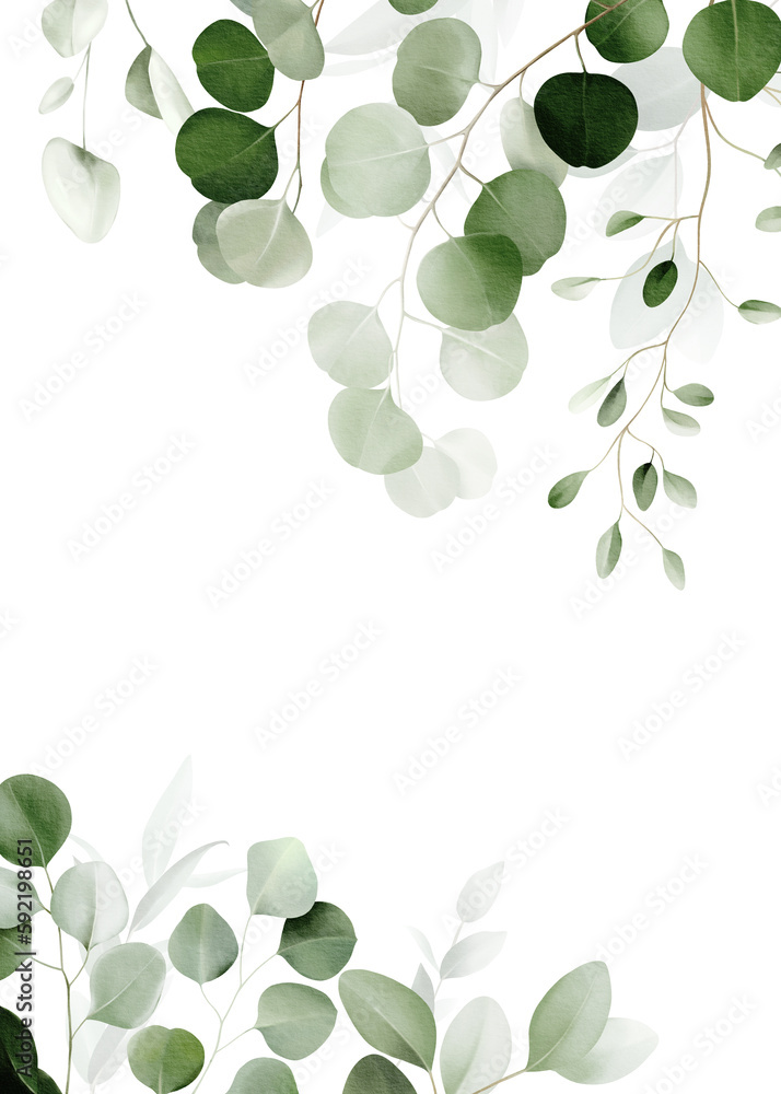 Watercolor border with bouquet of leaves and eucalyptus branch. Botanical herbal illustration. Hand painted spring composition for prints, wallpapers, postcards, greeting cards